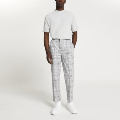 men's outfit with grey checked trousers