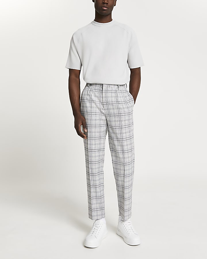 Grey pleated check trousers
