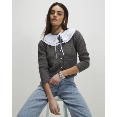 Grey Pleated Collar Cardigan