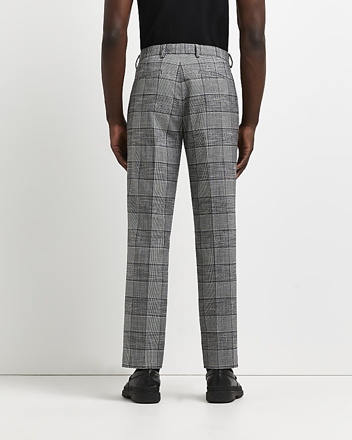 Grey pleated slim fit check print trousers