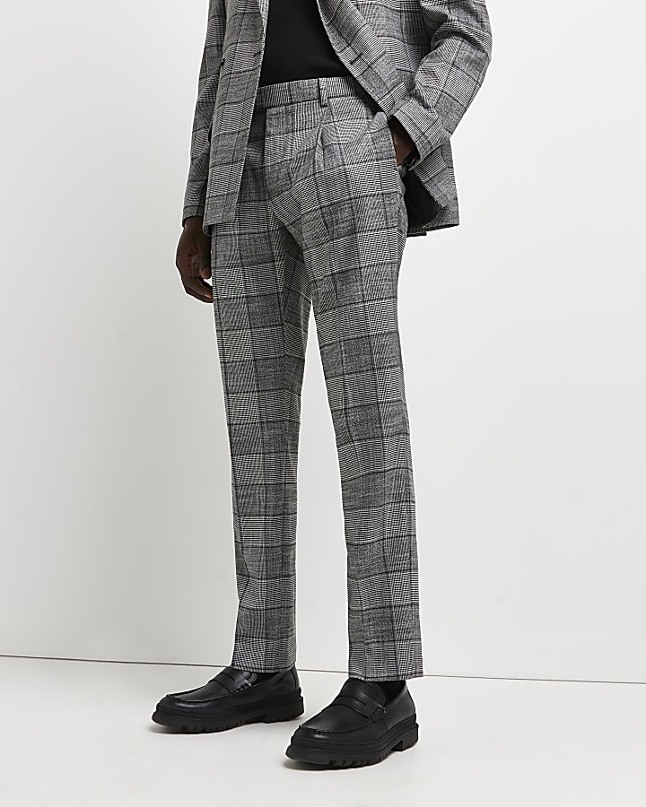 Grey pleated slim fit check print trousers