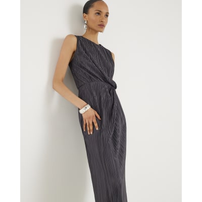 Grey Plisse Knot Side Midi Dress