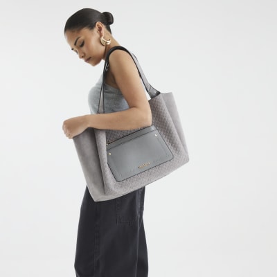 Grey Pocket Front Embossed Shopper Bag