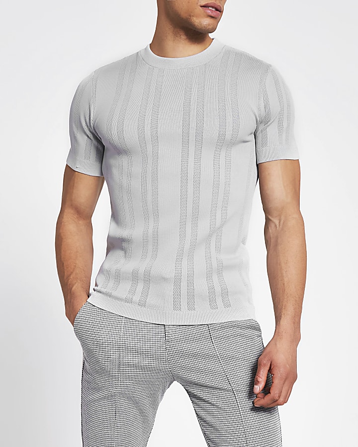 Grey pointelle knitted muscle fit t-shirt