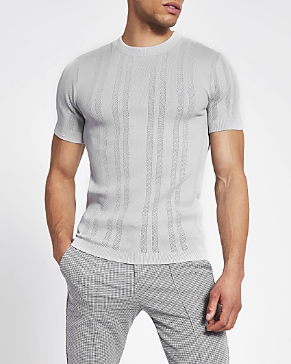 Grey pointelle knitted muscle fit t-shirt