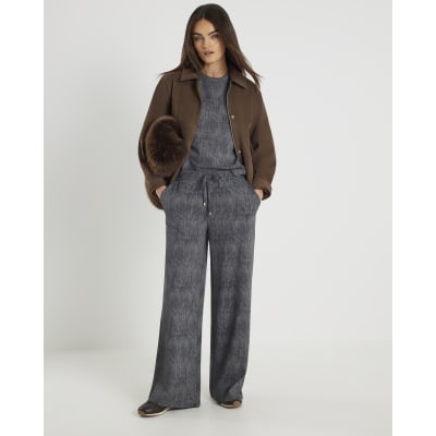 Grey Premium Crinkle Effect Wide Leg Joggers