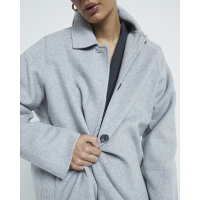 Grey Premium Wool Blend Button Coat | River Island