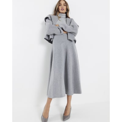 Grey Premium Wool Blend Midi Godet Skirt
