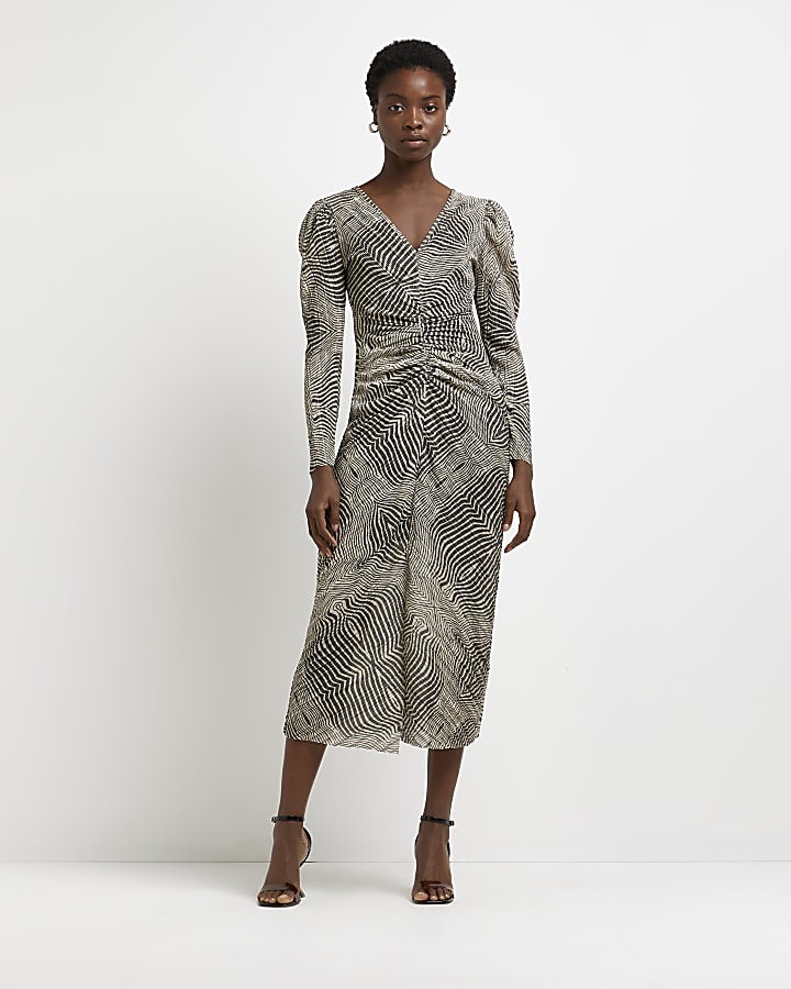 Grey printed ruched midi dress