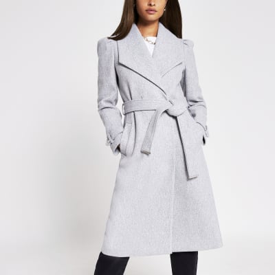 Grey puff sleeve belted robe coat | River Island