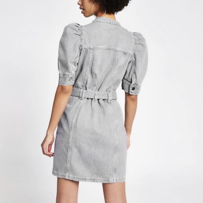 Grey puff sleeve tie belted mini denim dress