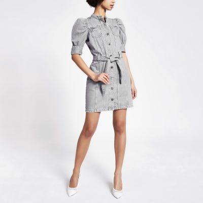 Grey puff sleeve tie belted mini denim dress