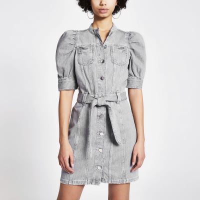 Grey Puff Sleeve Tie Belted Mini Denim Dress River Island 