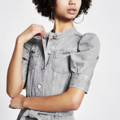 Grey puff sleeve tie belted mini denim dress