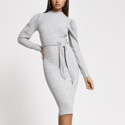 belted ribbed midi dress