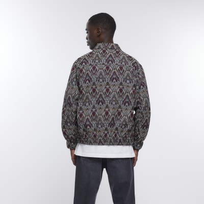 Grey regular fit Aztec harrington jacket | River Island