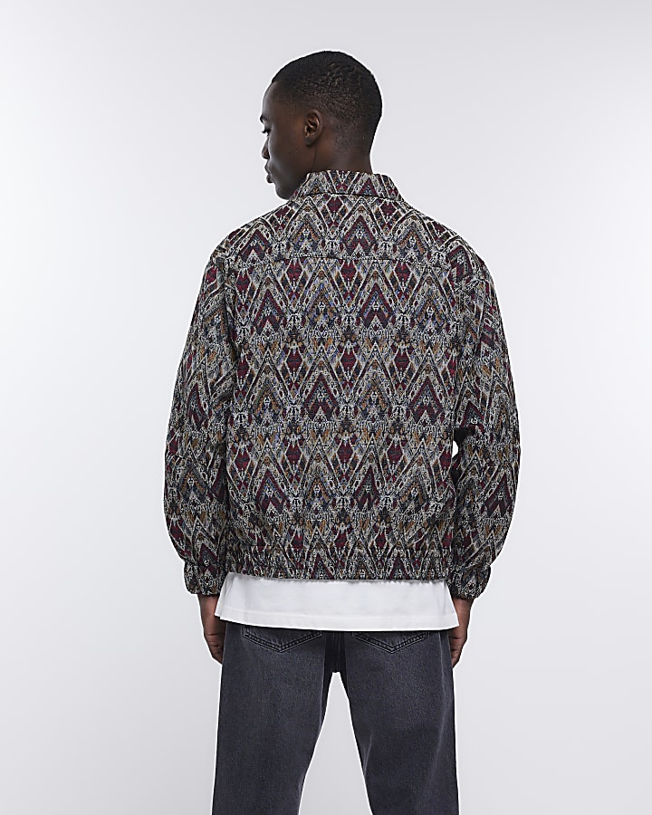 Grey regular fit Aztec harrington jacket