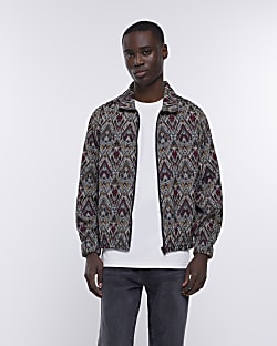 Grey regular fit Aztec harrington jacket