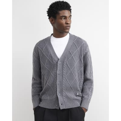 Grey Regular Fit Cable Knit Cardigan