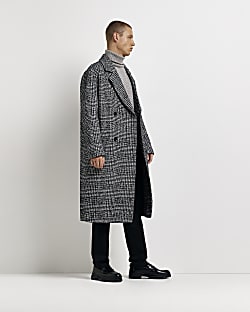 Grey regular fit check longline overcoat