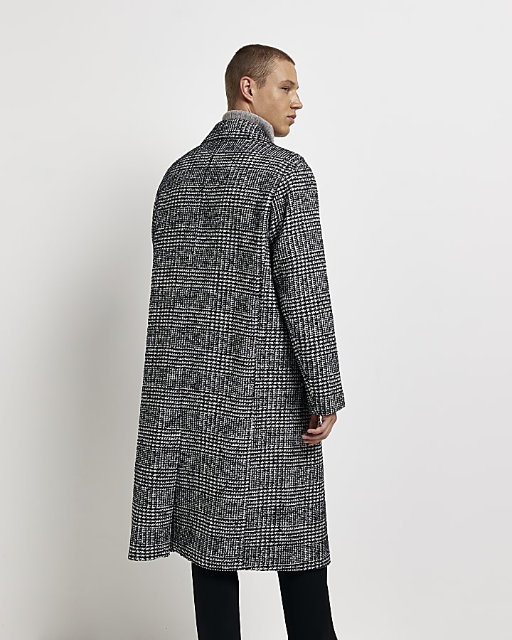 Grey regular fit check wool blend overcoat