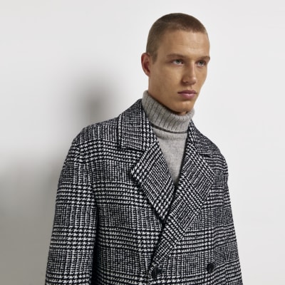 Grey regular fit check wool blend overcoat River Island