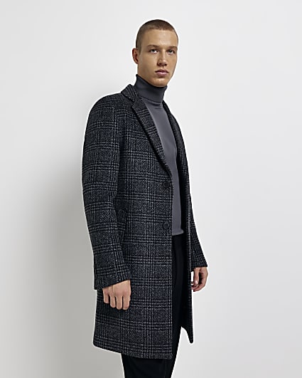Grey Regular fit check wool blend Overcoat