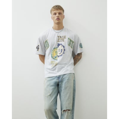 Grey Regular Fit College Spliced T-Shirt