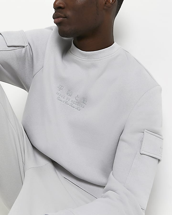Grey regular fit embroidered cargo sweatshirt