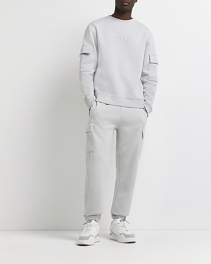 Grey regular fit embroidered cargo sweatshirt
