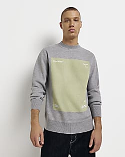 Grey Regular fit graphic Knitted jumper
