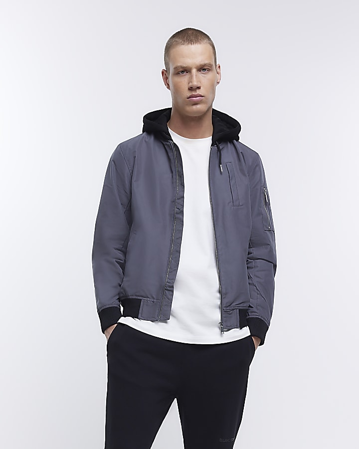 Grey Regular fit hooded Bomber jacket