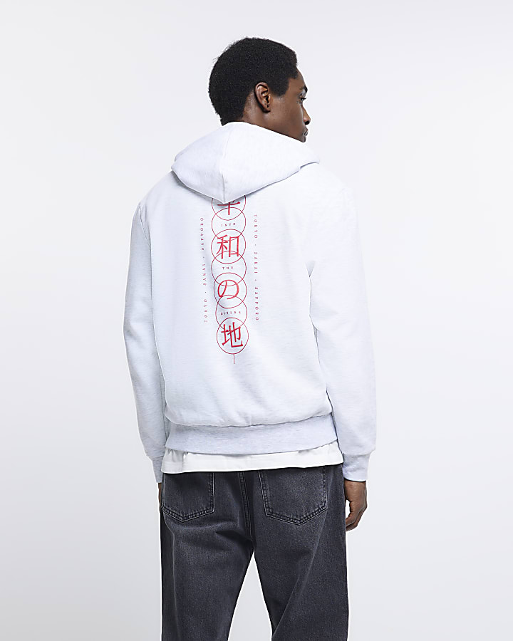 Grey regular fit Japanese back print hoodie