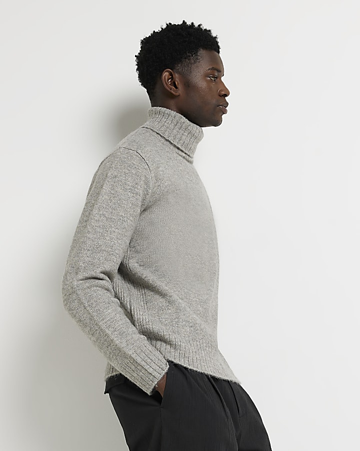 Grey Regular fit Knitted Roll Neck jumper