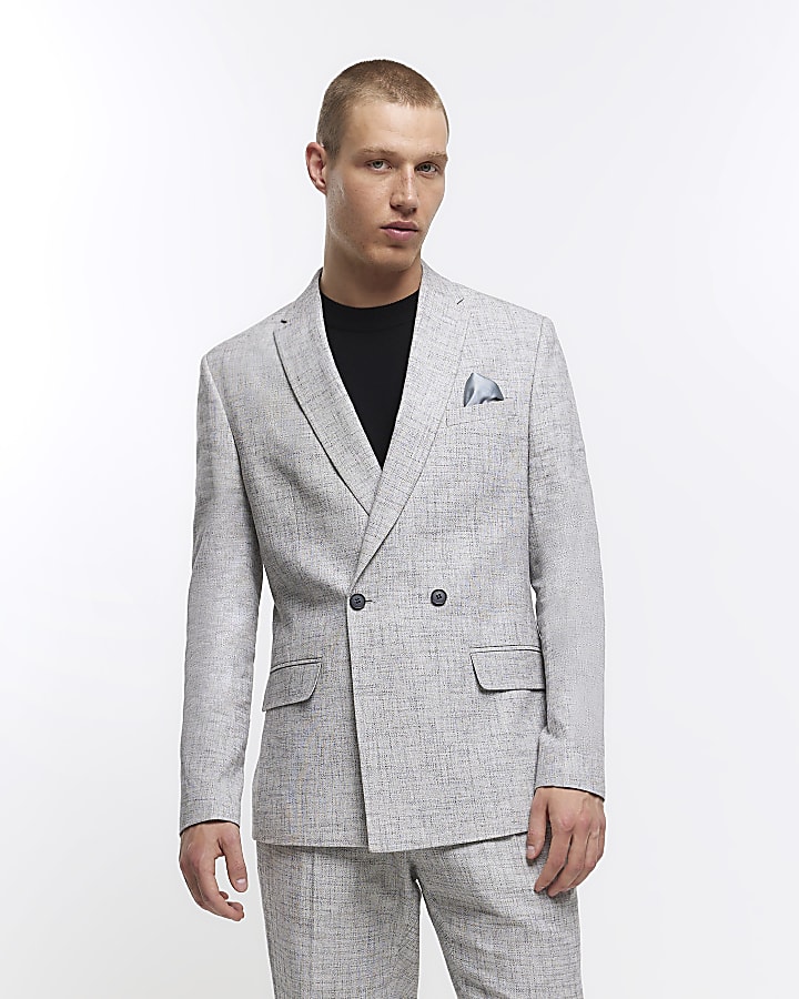 Grey regular fit linen blend suit jacket