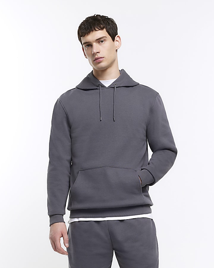 Grey regular fit plain hoodie
