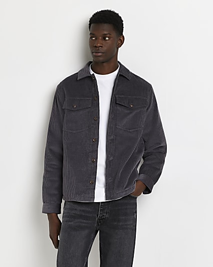 Grey regular fit quilted lining cord shacket