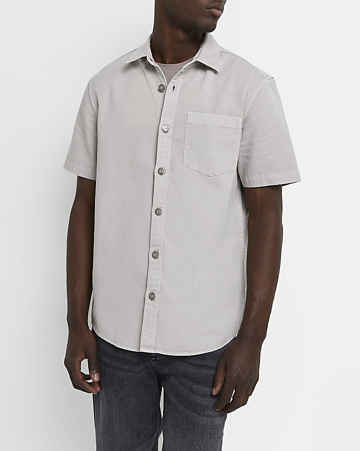 Grey regular fit short sleeve cotton shirt