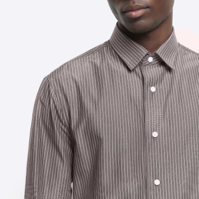 Grey regular fit stripe long sleeve shirt | River Island