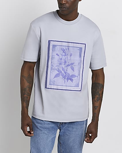 Grey Regular fit Texture Rose graphic t-shirt