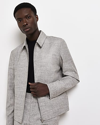 Grey regular fit textured harrington jacket