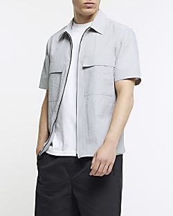 Grey regular fit utility zip up shirt