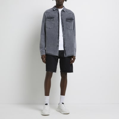 Grey regular fit washed denim shirt