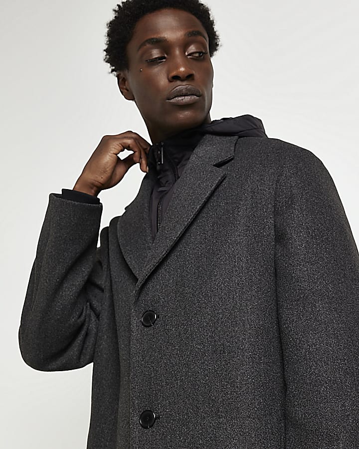 Grey regular fit wool blend hooded coat