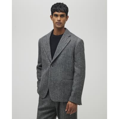 Grey Relaxed Fit Striped Suit Jacket