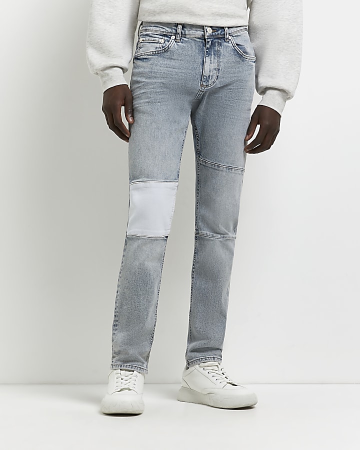 Grey relaxed skinny fit patchwork jeans