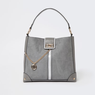 Grey RI branded oversized shoulder bag | River Island