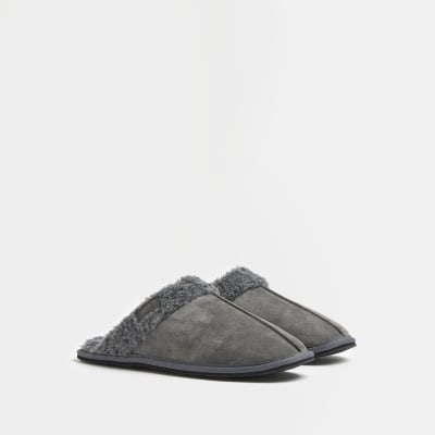 Grey RI branded suede mule slippers River Island