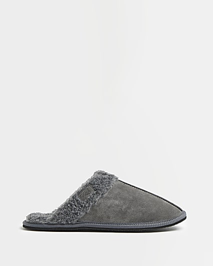 Grey RI branded suede mule slippers