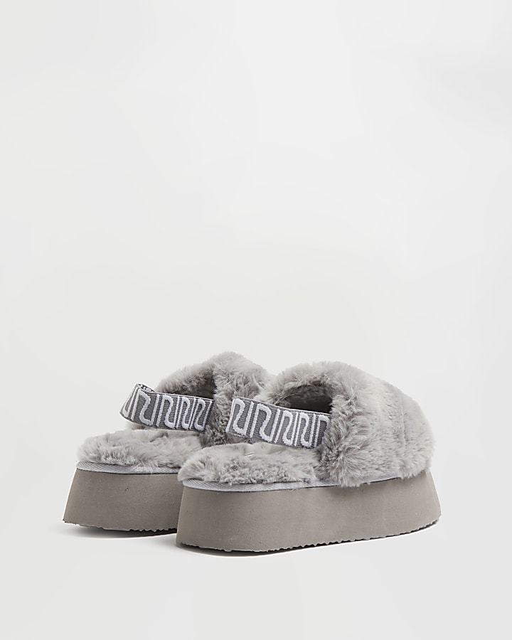 Grey RI faux fur flatform slippers